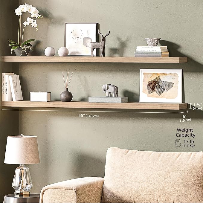 Ballucci Floating Shelves, 55" Wood Wall Shelf Set of 2, with Invisible Brackets for Bathroom, Living Room, Bedroom, Kitchen,