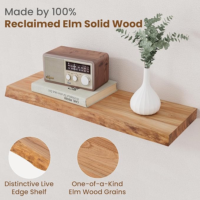 Floating Shelves for Wall Decor, Rustic Solid Elm Wood Live Edge Floating Shelves Wall Mounted, Wall Shelves with Invisible B