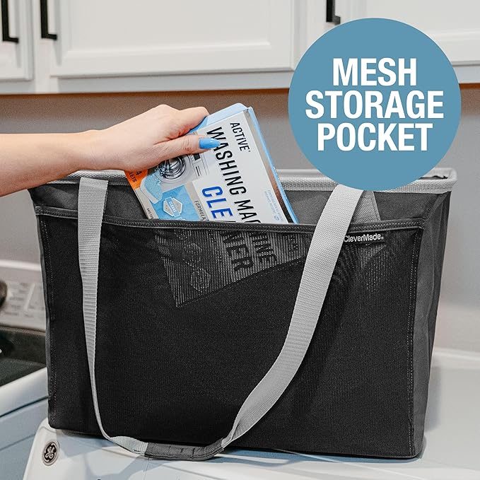CleverMade Collapsible Tote Basket MAX (64L) – Extra Large Foldable Carry-All Storage Bin with Front Pocket, 60 lb Capacity L