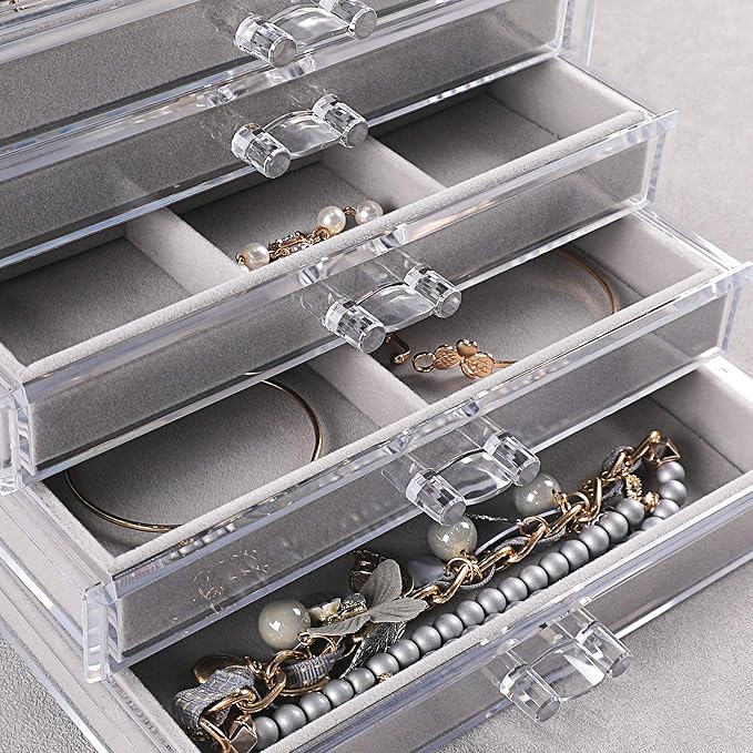 Frebeauty Extra Large Acrylic Jewelry Box for Women 5 Layers Clear Jewelry Organizer Velvet Earring Box with 5 Drawers Rings 