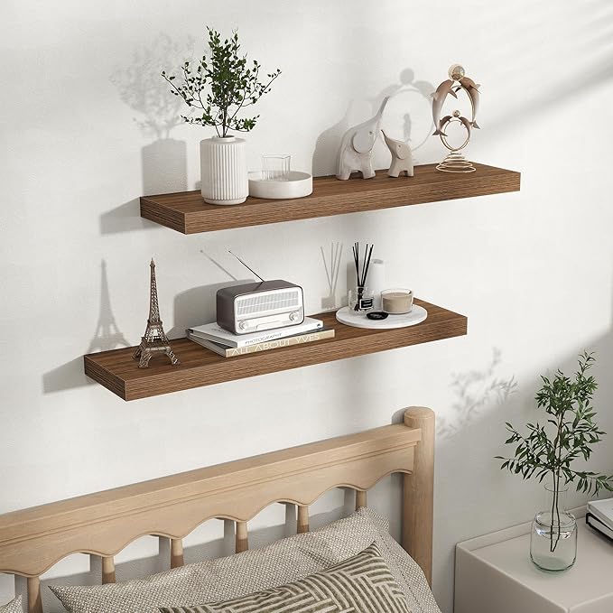 Fun Memories Rustic Wood Floating Shelves for Wall, Space-Saving Wall Mounted Shelves for Bathroom, Bedroom, Living Room and 