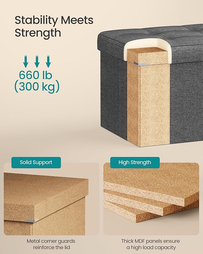 SONGMICS MAZIE Collection - 30 Inches Folding Storage Ottoman Bench, Ottoman Foot Rest, End of Bed Bench, Storage Chest, Load