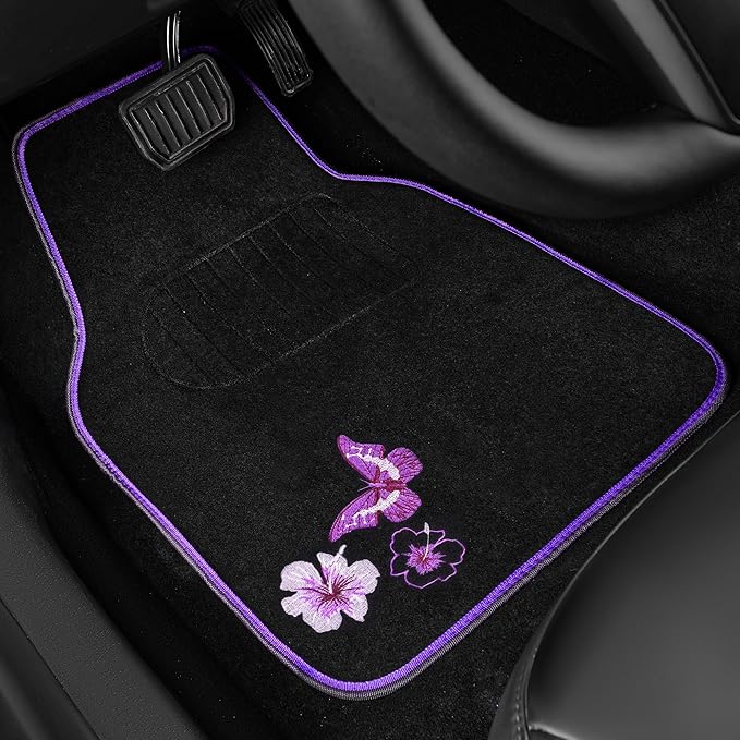 CAR PASS Butterfly Steering Wheel Cover and Waterproof Car Floor Mats,Purple Car Mats 14.5-15inch Steering Wheel Covers Unive