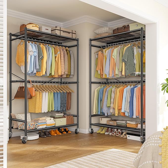 Raybee 80.32" H Clothes Rack,Rolling Clothing Racks for Hanging Clothes Heavy Duty Portable Garment Rack with Wheels 35.4" Wx