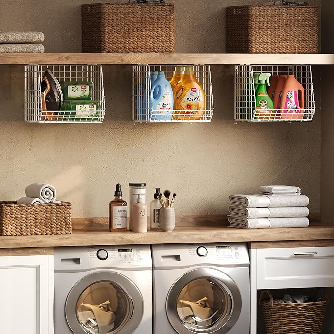 3 Pack Screw Mount Under The Wooden Shelf Laundry Room Organizer: Foldable Wire Basket Space Saving Over The Washer and Dryer