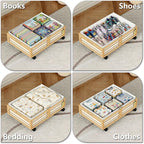 Under Bed Storage Containers with Wheels, Larger Bamboo Wood Under Furniture Storage Containers with Dust Bags，Rolling for Sh