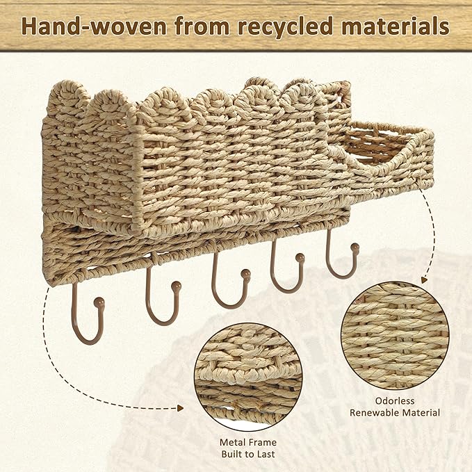 Hook Woven Rattan Key Holder & Mail Organizer, Scalloped Wave Design Decorative Wall Mount for Entryway, Living Room & Hallwa