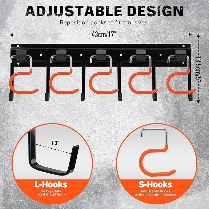 ELEAD 68'' All Metal Adjustable Garden Tool Organizer: Garage Tool Organizer Wall Mount with Orange Hooks, Garage Organizers 