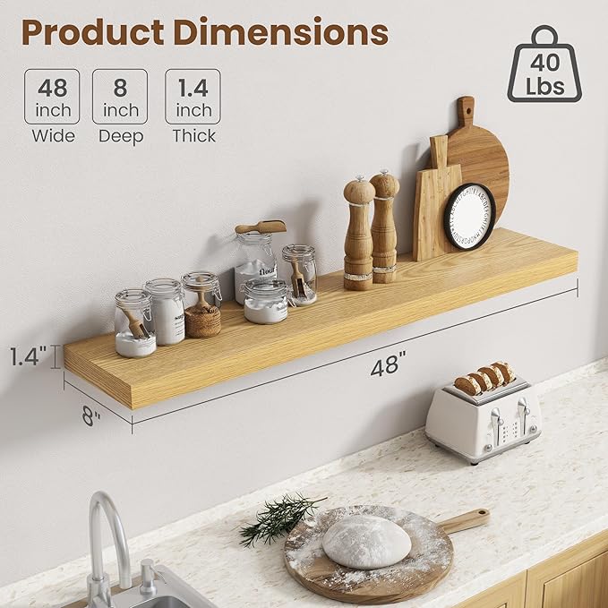 48 Inch Floating Shelves for Wall, 8 Inch Deep Floating Shelf for Storage & Display, Rustic Wall Mounted Shelf with Invisible