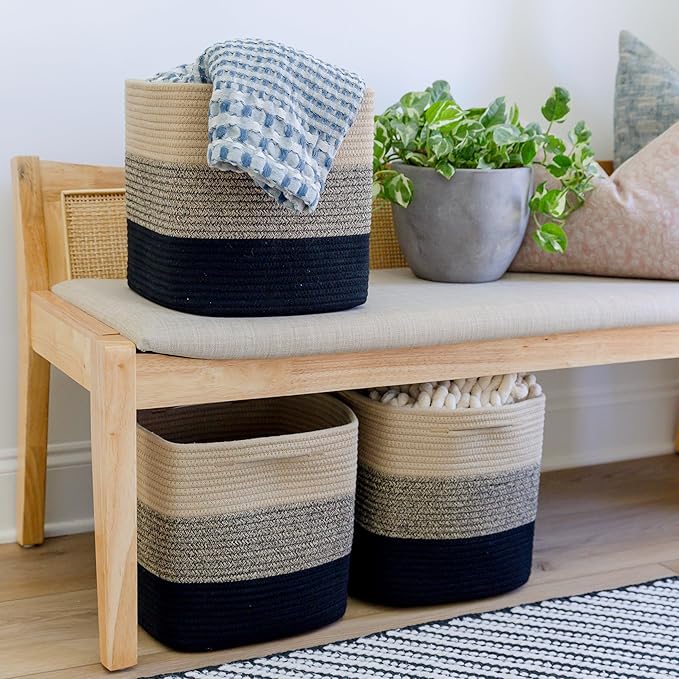 NaturalCozy Storage Cubes 11 Inch Cotton Rope Woven Baskets for Organizing, 3-Pack | Cube Storage Bin | Square Storage Basket