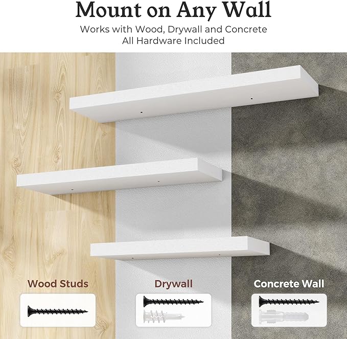 Floating Shelves for Wall, 9.3" Deep Wall Mounted Wood Shelves for Bathroom, Bedroom, Living Room, Kitchen, Hanging Shelf for