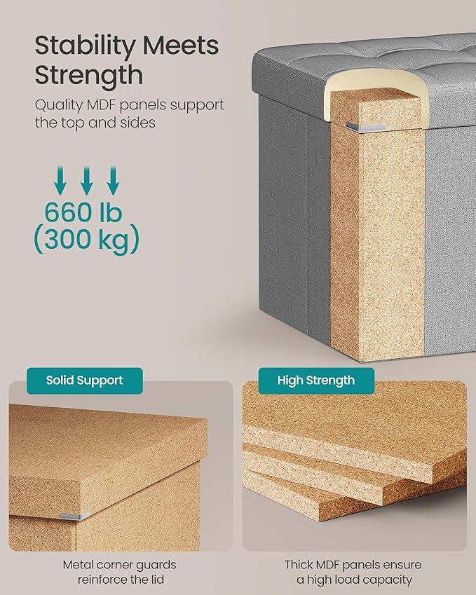 SONGMICS MAZIE Collection - 43 Inches Folding Storage Ottoman Bench, Ottoman Foot Rest, End of Bed Bench, Storage Chest, Load