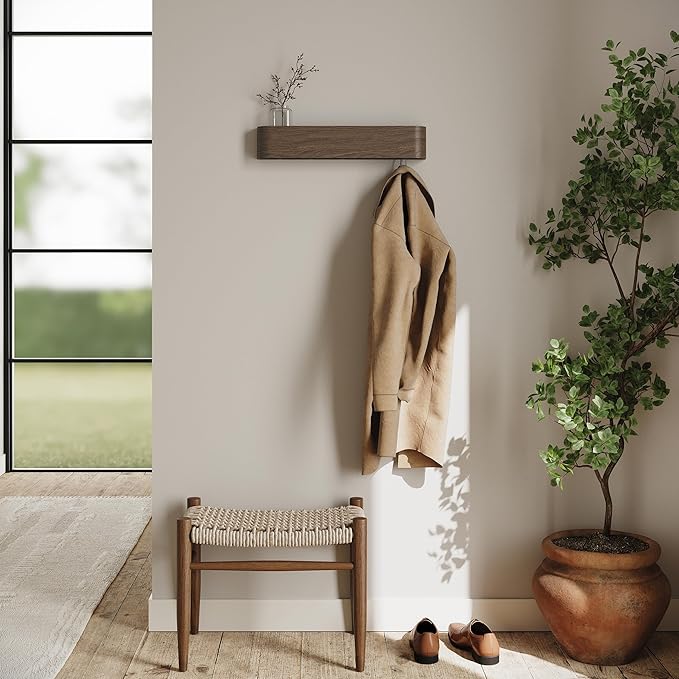 Kazai. Wall-Mounted Coat Rack 'Toke' - Modern Design Coat Rack with Hidden Wall Hooks - Solid Wood Veneer Panel Coat Hanger -