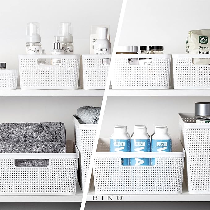 BINO | Woven Plastic Basket | Medium (White), 4-Pack | THE JUTE COLLECTION | Home Organization, Space - Saving Storage, Styli