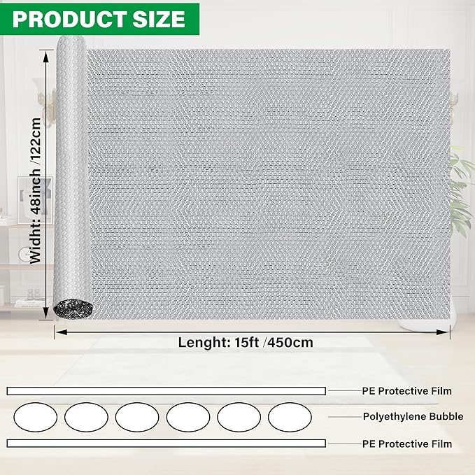 winemana Window Insulation Roll, 48IN x 15FT Reflective Heat Shield Bubble Film, Double-Sided Aluminum Foil Insulation, Weatherproof Garage Door Cover for Windows, RV, Basement, Winter & Summer