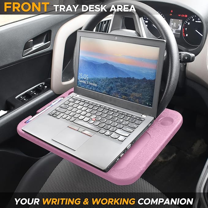 EcoNour 2 in 1 Car Steering Wheel Desk | Steering Wheel Tray for Laptop and Food | Pink Table Tray for Eating with Drinks Holder | Car Accessories