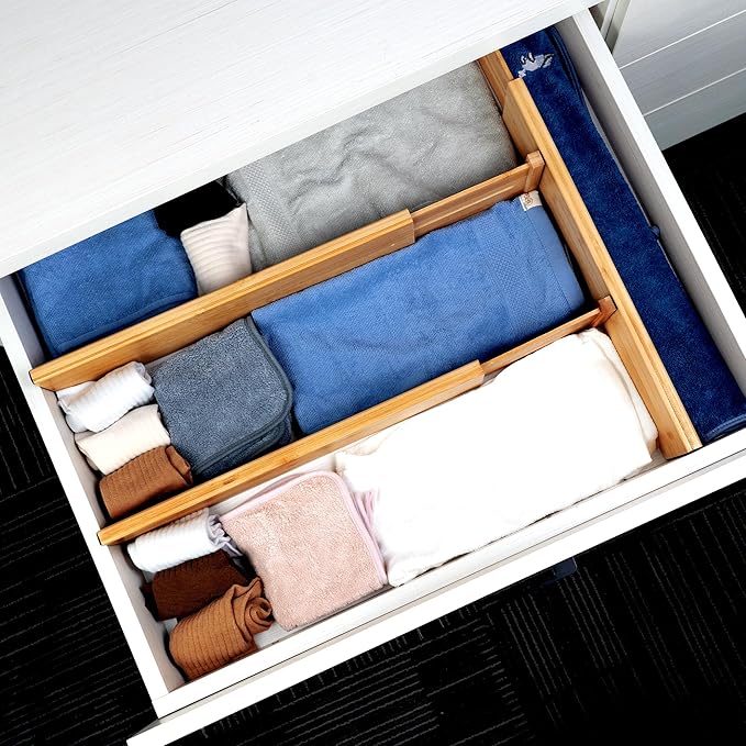 Utoplike Bamboo Drawer Dividers Large, 4'' High Adjustable Kitchen Drawer Organizers for Clothing, Spring Loaded, Works in Ba
