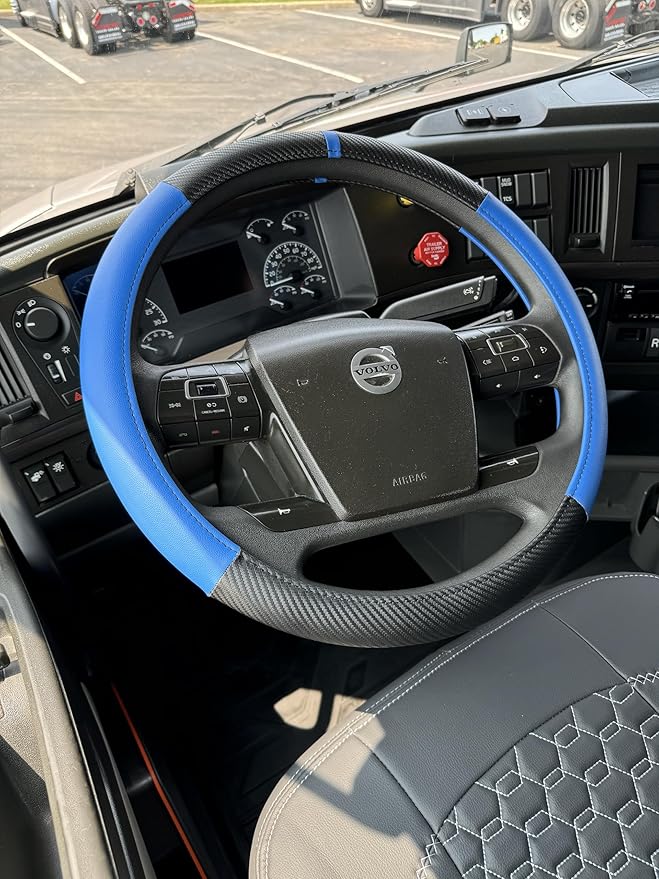 18-Inch Genuine Leather Steering Wheel Cover for Semi Trucks – Blue with Black Carbon Fiber Imitation, Heavy-Duty Non-Slip Grip, Universal Fit, Easy Installation