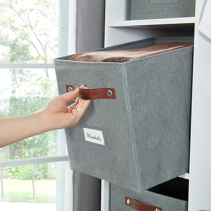 DECOMOMO Storage Bins, Cube Storage Bin with Labels, Fabric Storage Cubes for Shelves (11" / 6pcs, Texture Grey)