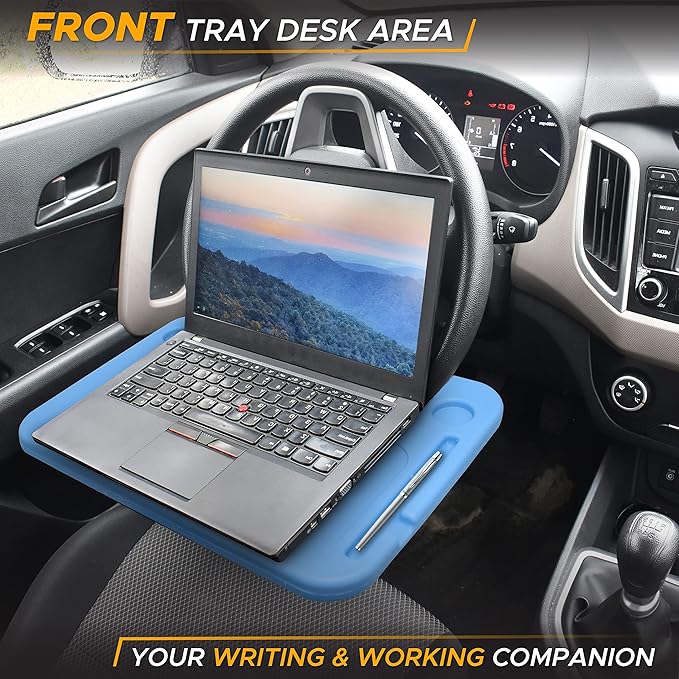 EcoNour 2 in 1 Car Steering Wheel Desk | Steering Wheel Tray for Laptop Car Mount with Pen Holder | Car Food Tray for Eating with Drinks Holder | Multipurpose Travel Car Accessories | Blue