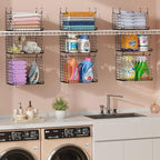 4-Pack Hanging Laundry Room Organizer：Foldable Laundry Room Organizaton Wire Basket with 360°Rotating Hooks Space Saving Over