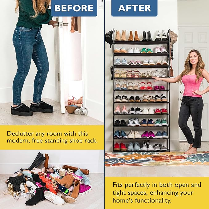 Sundaze Shoe Rack - 10 Tier Shoe Rack for Front Door Entrance, Sturdy Tall Shoe Organizer for Closet, Bedroom, Entryway, Gara