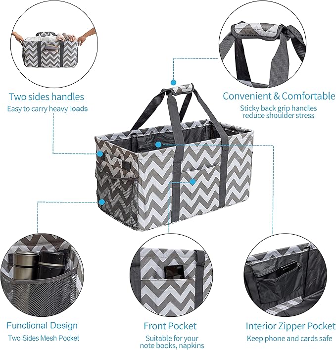 Extra Large Utility Tote Bag, Reusable Grocery Bags Foldable,Upgraded Metal Frame, With Sturdy Handles Reinforced Bottom Heavy Duty Oxford Fabric Moving Shopping Bags, Grey and White Ripples