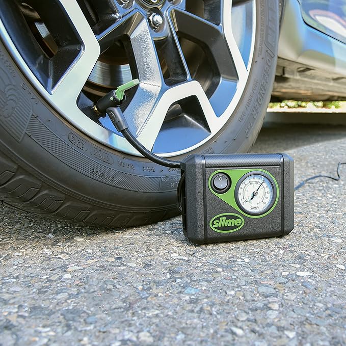 Slime 40059 Tire Inflator, Junior, Compact, Powerful, Portable Car Air Compressor, Lightweight, Analog, Flat Tire Repair, 12V, 12 min Inflation