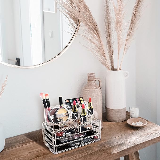 Ikee Design Acrylic Makeup Organizer with 4 Drawers and Removable Top Lipstick Holders, Ideal for Make-up or Accessories,Enha
