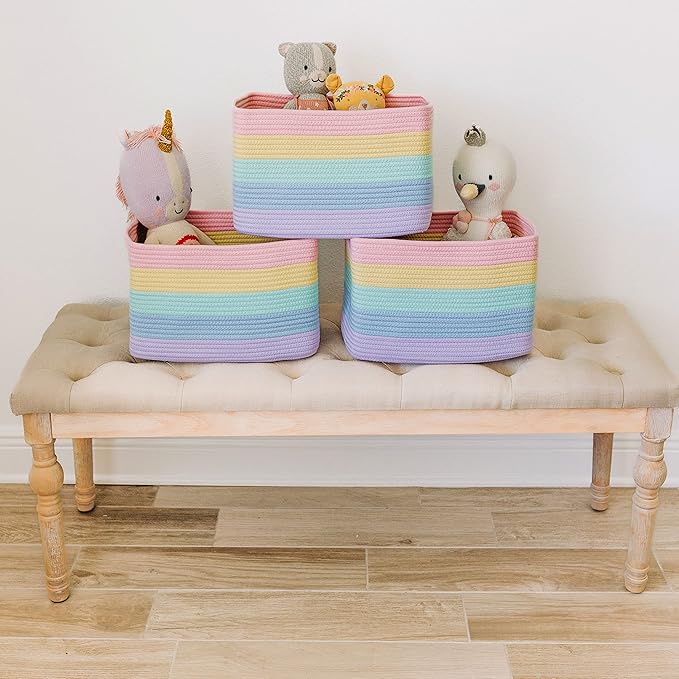 OrganiHaus Set of 3 Pastel Rainbow Baskets - Colorful Woven Storage Baskets for Playroom, Nursery & Classroom Decor, Toy Stor