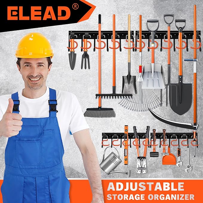 ELEAD 68'' All Metal Adjustable Garden Tool Organizer: Garage Tool Organizer Wall Mount with Orange Hooks, Garage Organizers 