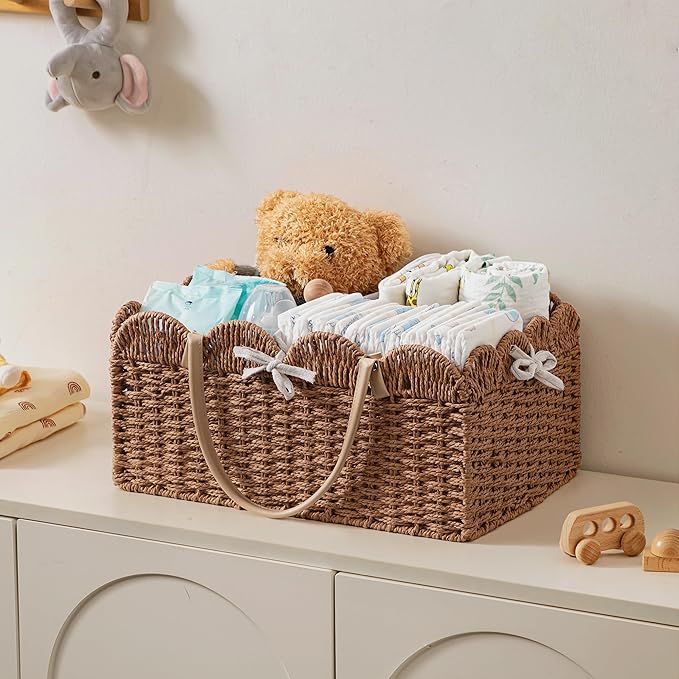 HBlife Large Baby Diaper Caddy, Paper Rope Storage Baskets Nursery Bin with Removable Divider, Portable Car Organizer for Dia