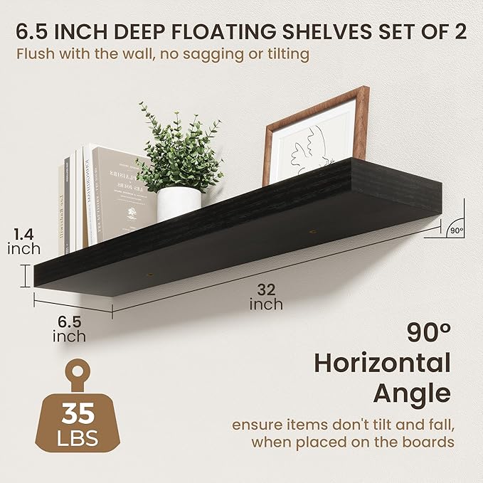 32 Inch Floating Shelves | 6.5 Inch Deep Black Floating Shelves Set of 2 | 32" W x 6.5" D Rustic Black Wood Wall Shelves with