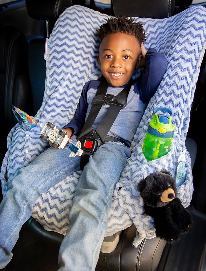 Niko Easy Wash Children's Car Seat Cover & Liner - Blue Chevron Minky - Great for Winter Weather - Universal FIT - Crash Test