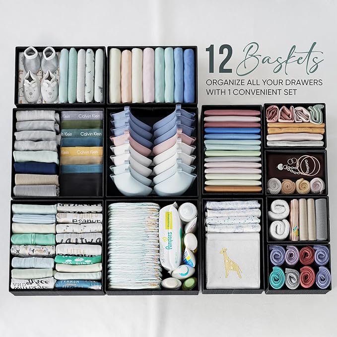 Drawer Organizer Clothes Set of 12 Black - Dresser Organizer For Nursery, Bedroom, Closet - Perfect Baby Clothes Organizer an