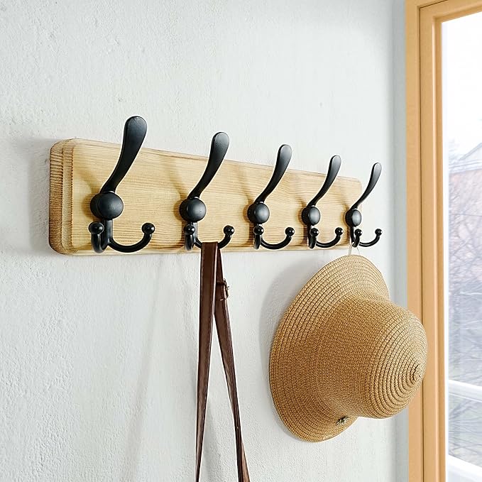 Dseap Coat Rack Wall Mount - Heavy-Duty Robust Rustic Wooden Wall Coat Hanger Hook Rail with 5 Triple Hooks for Winter Coats 