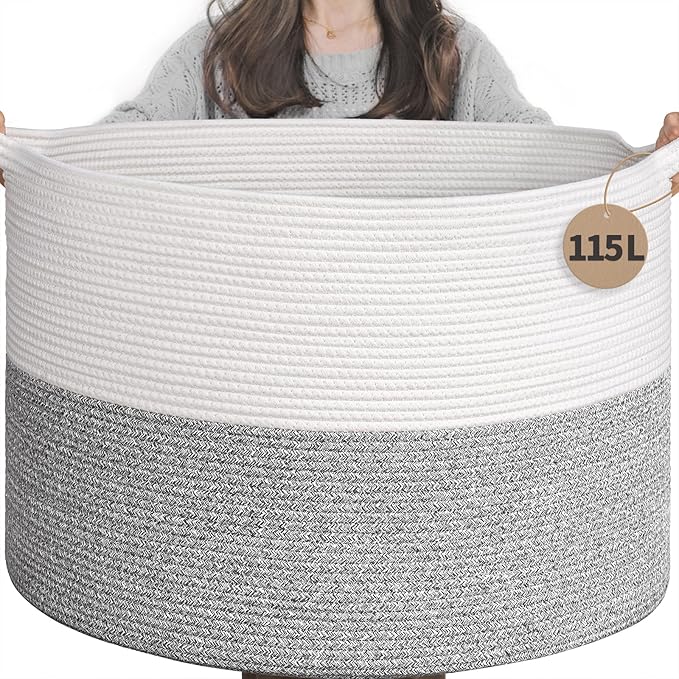 INDRESSME 115L Extra Large Blanket Basket, Soft Cotton Rope Storage Basket for Organizing, Home Decor, Toys, Laundry & Towels