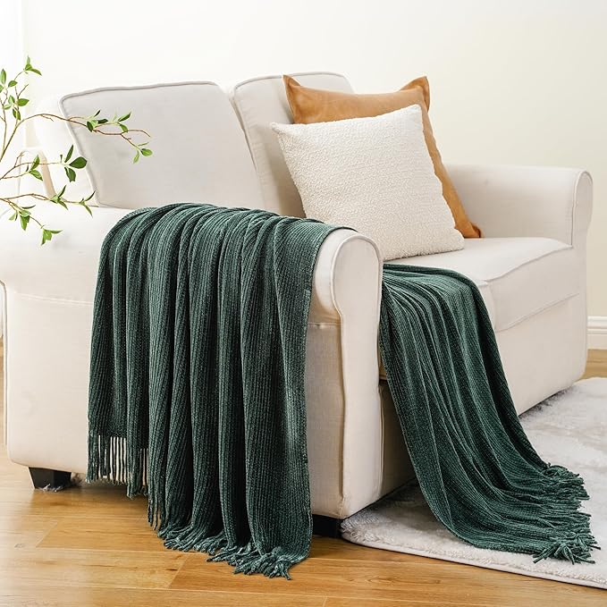 BATTILO HOME Dark Green Throw Blanket for Couch, Soft Chenille Knit Throws with Tassels for Home Decor, Christmas Green Throw