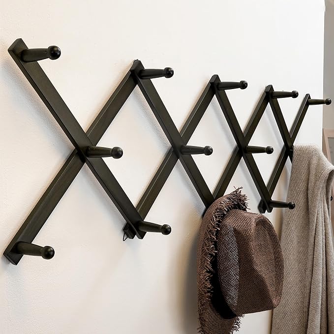 SKOLOO Hat Rack for Wall with 14 Hooks, Pack of 2, Solid Wooden, Modern, Expandable Coat Rack Wall Mount for Coats, Hats, Bag