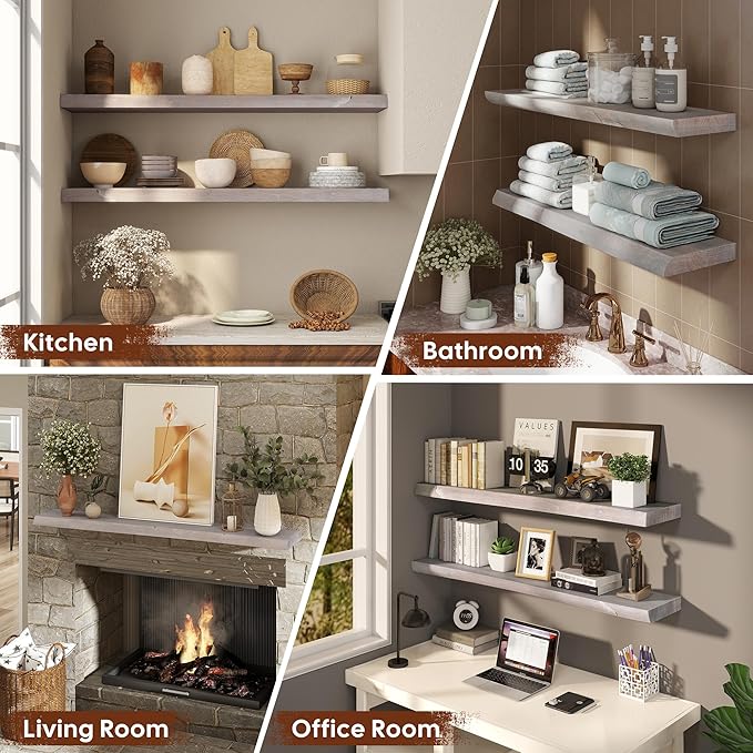 Long Live Edge Floating Shelf, 55 Inch Solid Elm Wood - Weathered Gray Rustic Wood Wall Shelf with Invisible Brackets for Liv