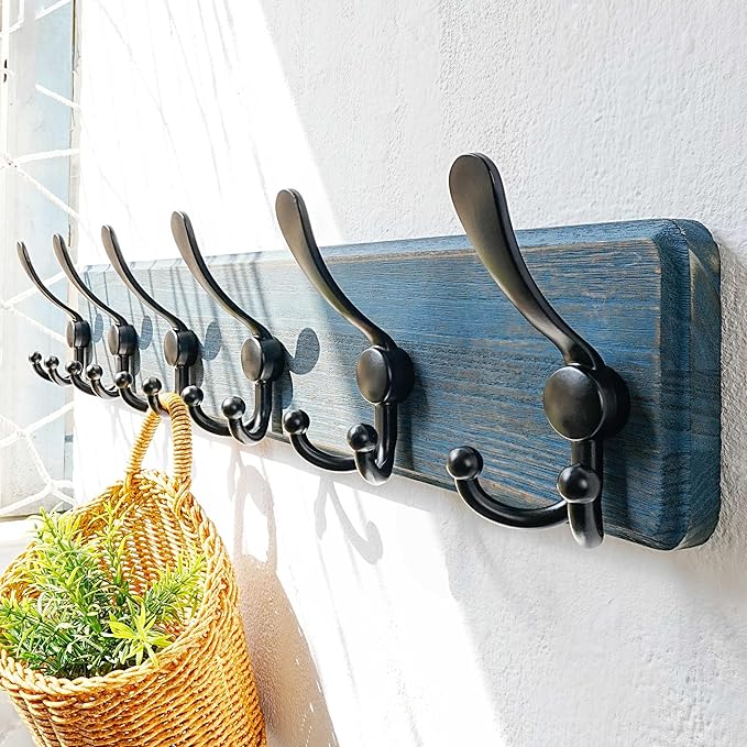 Dseap Coat Rack Wall Mounted - 24" Long 6 Tri Hooks, Heavy Duty Wooden Wall Coat Hanger Coat Hook for Clothes Hat Jacket Clot