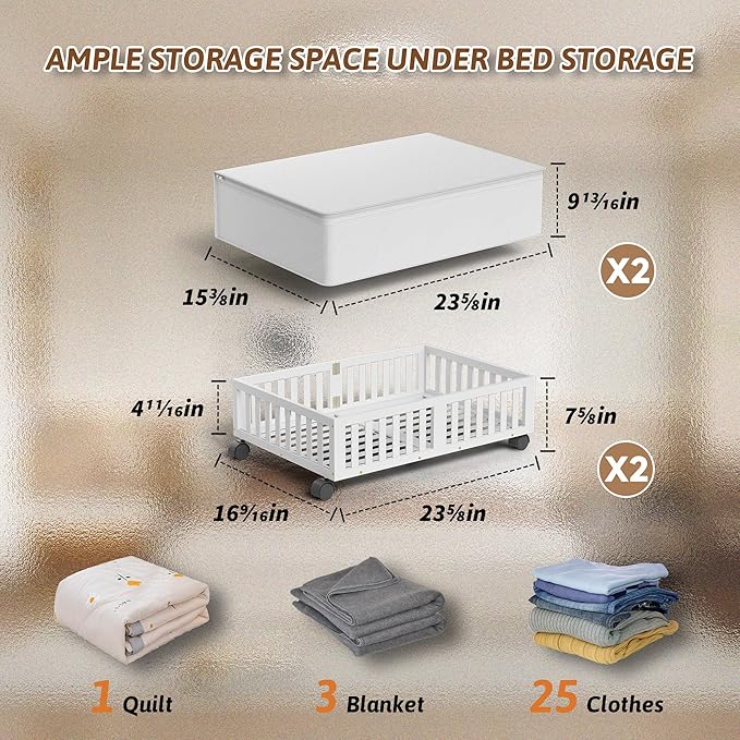 Bamboo Under Bed Storage Containers with Wheels, 2 Pack Under the Bed Shoe Storage Bins, Wood Rolling Underbed Drawers Organi
