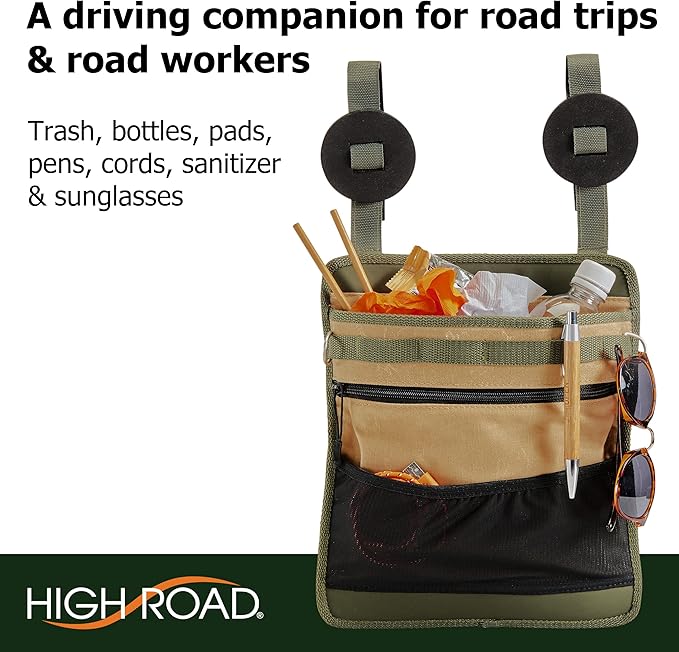 High Road Cairn Front Seat Car Trash Bag with Storage Pockets and Hanging Attachments, Waxed Nylon with Faux Leather Trim