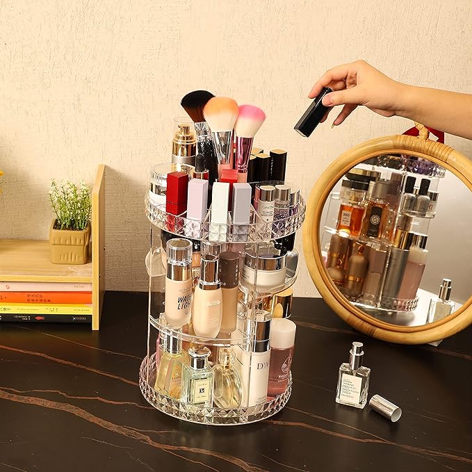 Cq acrylic Rotating Makeup Organizer,Adjustable Spinning Skincare Organizer for Vanity,Countertop,Clear Rotating Perfume Orga