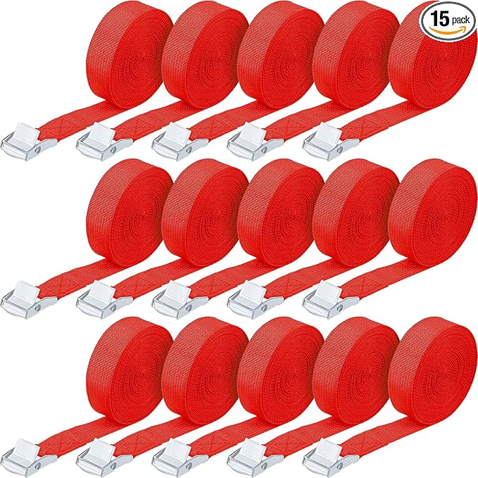 Riakrum 15 Pack 16 Feet Lashing Straps Adjustable Kayaks Tie Down Cam Buckle Straps with Buckles up to 250lbs for Cargo, Luggage, Motorcycles, Truck, Car Roof Rack, Sup Surfboard(Red)