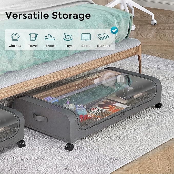 oylik 4 Pack Under Bed Storage with Wheels, Under Bed Shoe Storage Larger Capacity with PVC Clear Window & Label, Under the B