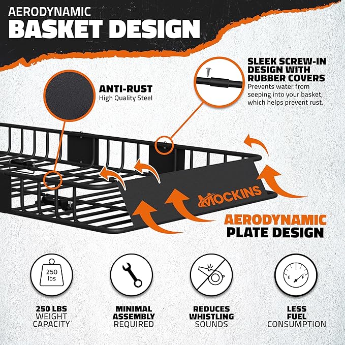 Mockins 64"x39"x6" Extendable Roof Rack Cargo Carrier | 250 Lbs. Capacity Weatherproof Steel Roof Basket | Rooftop Cargo Carrier Set w/Ratchet Straps & Bungee Net for SUV, Van, & Car Roof Storage