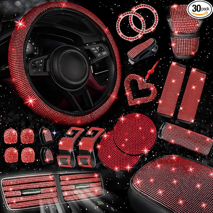 NBTEPEM 30 Pcs Red Bling Car Accessories Set for Women, Red Steering Wheel Cover Set, Bling Console Cover, Seat Belt Cushion, Shift Knob Cushion, Cup Holder Coaster, Rhinestone Car Hanging Accessories