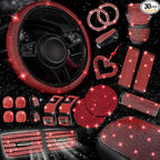 NBTEPEM 30 Pcs Red Bling Car Accessories Set for Women, Red Steering Wheel Cover Set, Bling Console Cover, Seat Belt Cushion, Shift Knob Cushion, Cup Holder Coaster, Rhinestone Car Hanging Accessories