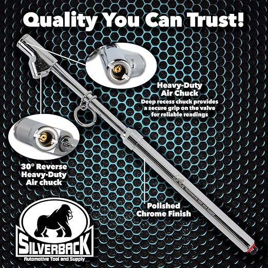 Silverback Automotive Professional Straight-On Dual Foot Commercial Truck Tire Pressure Gauge with Polished Chrome Finish. Heavy Duty Black Metal Bar Stick Gauge Range 10-150 PSI in 2 PSI Increments